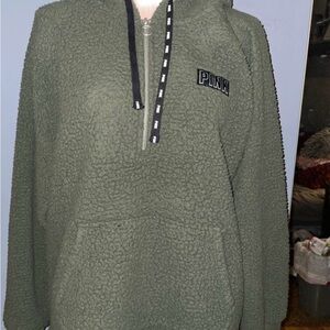 PINK Sherpa Hoodie in Olive Large